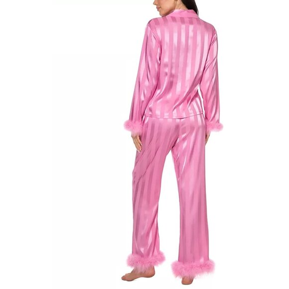 Sz XL new Linea Donatella Women's Feather-Trimmed STRIPED SATIN Pajama Set PINK - Picture 5 of 7